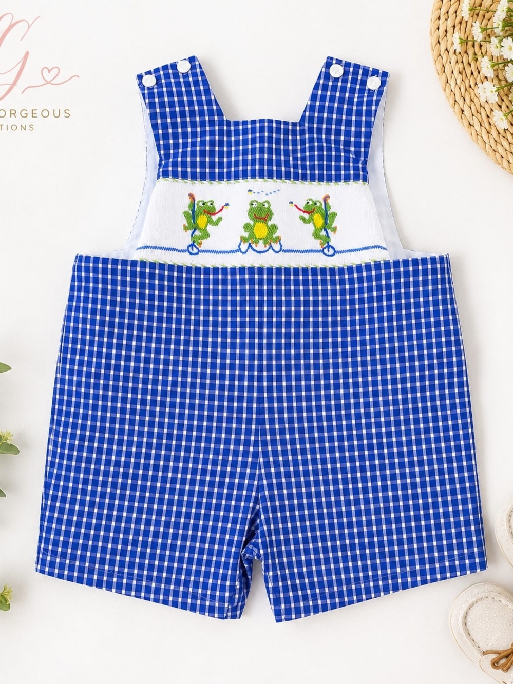 Anavini Hand Smocked Frog Jon Jon Romper Blue Gingham Boys 9M Boutique